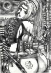  1girl armor ass asymmetrical_clothes belt_boots boots building choker circlet cityscape commentary_request dead_or_alive dead_or_alive_6 dead_or_alive_xtreme_venus_vacation earrings from_behind full_moon gloves greyscale holding holding_weapon jewelry leather long_hair looking_at_viewer looking_back monochrome moon night ninja_gaiden outdoors ponytail rachel_(ninja_gaiden) sheath sheathed shoulder_armor shoulder_plates signature sitting skidrow skyline solo weapon 
