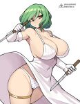  1girl artist_logo bare_shoulders breasts cameltoe closed_mouth collarbone commentary covered_navel cowboy_shot donburi_(donburikazoku) dress elbow_gloves foreshortening gloves green_hair hair_between_eyes highres hikage_(senran_kagura) holding holding_weapon huge_breasts leaning_to_the_side looking_at_viewer medium_hair panties patreon_username polka_dot polka_dot_panties senran_kagura simple_background sleeveless sleeveless_dress solo strap_gap thighlet thighs underwear weapon web_address white_background white_dress white_gloves white_panties wind wind_lift yellow_eyes 
