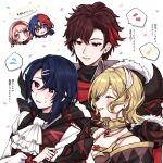  2girls 3boys alcryst_(fire_emblem) alear_(fire_emblem) alear_(male)_(fire_emblem) armor ascot blue_hair citrinne_(fire_emblem) closed_eyes diamant_(fire_emblem) feather_hair_ornament feathers fire_emblem fire_emblem_engage gem gold_trim hair_ornament hairband hairclip highres jewelry lapis_(fire_emblem) misato_hao multicolored_hair multiple_boys multiple_girls necklace open_mouth pink_eyes pink_hair red_eyes red_hair short_hair shoulder_armor smile two-tone_hair white_ascot white_background 