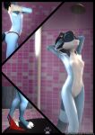  anthro bathing bathroom black_hair blue_body blue_fur breasts clothed clothing clothing_around_one_leg clothing_lift comic comic_panel erect_nipples eyes_closed female flat_chested fur genitals hair hi_res mammal nipple_slip nipples nude panties panties_around_one_leg panties_down partially_clothed pinup pose procyonid pussy raccoon raised_clothing raised_shirt raised_topwear ryder_(striped_sins) shirt shirt_lift shower shower_head showering small_breasts solo striped_sins topwear underwear underwear_around_one_leg underwear_down undressing willitfit 