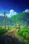  1girl backpack bag black_hair black_skirt blue_sky cloud cyclecircle day from_behind highres kneehighs original outdoors pleated_skirt power_lines railroad_tracks scenery short_hair skirt sky socks solo train tree white_socks 