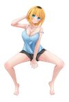  1girl :3 absurdres arm_behind_head bare_legs bare_shoulders barefoot black_shorts blonde_hair blue_camisole blue_eyes blush breasts camisole cleavage closed_mouth collarbone commentary full_body head_tilt highres large_breasts looking_at_viewer medium_hair memcho no_pupils oshi_no_ko shorts sidelocks simple_background smile solo spaghetti_strap strap_slip tomioka_(r2czw) white_background 