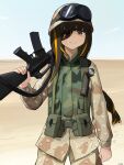 1girl absurdres artist_name assault_rifle braid camouflage cowboy_shot desert desert_camouflage eyepatch gamryous girls&#039;_frontline goggles goggles_on_headwear gun hat highres holding holding_gun holding_weapon long_hair long_sleeves looking_at_viewer m16 m16a1_(girls&#039;_frontline) military_hat military_uniform mole mole_under_eye multicolored_hair open_mouth orange_hair outdoors rifle scar scar_across_eye scar_on_face smile solo streaked_hair teeth uniform weapon 