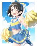  1girl :o black_hair blue_shirt blue_skirt blue_sky blush bow_hairband breasts cheerleader cloud cropped_shirt hairband highres holding holding_pom_poms idolmaster idolmaster_cinderella_girls idolmaster_cinderella_girls_u149 looking_at_viewer nanagaedemo navel pom_pom_(cheerleading) sasaki_chie shirt short_hair skirt sky sleeveless sleeveless_shirt small_breasts solo standing standing_on_one_leg sweatdrop 