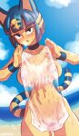  animal_crossing ankha_(animal_crossing) areola beach big_breasts blue_hair blush breasts domestic_cat felid feline felis female hair hi_res mammal nicecream nintendo nude seaside solo wet wet_body 