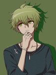  1boy :&lt; amami_rantarou artist_name bracelet collarbone danganronpa_(series) danganronpa_v3:_killing_harmony ear_piercing green_background green_hair hand_on_own_chin hand_up highres jewelry long_sleeves looking_up male_focus messy_hair necklace piercing ring shirt short_hair simple_background solo striped striped_shirt suiren_yurei upper_body 