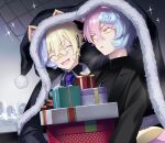  2boys 659_(show_by_rock!!) 661_(show_by_rock!!) 7dango7 black_jacket blonde_hair blue_hair brothers closed_eyes fangs glasses grey_vest highres jacket kamaitachi_boy kamaitachi_ears light_blue_hair long_sleeves looking_at_another male_focus multicolored_hair multiple_boys open_mouth pink_hair purple_hair short_hair show_by_rock!! siblings smile split-color_hair twins vest 