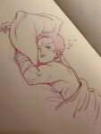  1boy bed_sheet blush drunk dutch_angle highres looking_at_viewer lying mainitinemuo0 male_focus nude on_stomach one_piece pen_(medium) photo_(medium) red_theme roronoa_zoro short_hair sleep_bubble solo toned toned_male traditional_media under_covers upper_body 