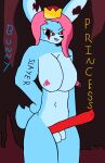  anthro arm_tattoo balls blue_body blue_fur breasts crown demon fan_character fur genitals gynomorph hair headgear hi_res intersex nipple_piercing nipples nude penis piercing pink_hair scar smile smiling_at_viewer smirk smirking_at_viewer solo tattoo text 