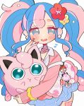  1girl bag blue_skirt blush cardigan choker earrings fairy_miku_(project_voltage) flower hair_flower hair_ornament hatsune_miku heart heart_choker higashi_(azm) highres jewelry jigglypuff long_hair multicolored_hair musical_note nail_polish pink_cardigan pink_nails pokemon pokemon_(creature) project_voltage scrunchie shoulder_bag simple_background skirt twintails two-tone_hair very_long_hair vocaloid white_background wrist_scrunchie 