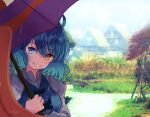  1girl absurdres ahoge blue_eyes blue_hair closed_mouth commentary heterochromia highres holding holding_umbrella house juliet_sleeves karakasa_obake kiritanpo117 long_sleeves outdoors puffy_sleeves purple_umbrella red_eyes scenery smile solo tatara_kogasa tongue touhou umbrella upper_body 