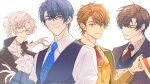  4boys artem_wing_(tears_of_themis) ascot black_hair black_jacket black_vest blue_eyes blue_necktie brown_hair closed_mouth collared_shirt commentary floating_hair glasses green_jacket grey_hair grey_vest hair_between_eyes highres jacket jiukuzi18797 long_hair looking_at_viewer luke_pearce_(tears_of_themis) marius_von_hagen_(tears_of_themis) multiple_boys necktie parted_bangs purple_eyes red_eyes red_necktie semi-rimless_eyewear shirt simple_background smile tears_of_themis thick_eyebrows under-rim_eyewear vest vyn_richter_(tears_of_themis) white_ascot white_background white_shirt yellow_eyes yellow_vest 