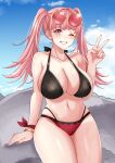  1girl absurdres alternate_breast_size alternate_costume bikini black_bikini blue_sky breasts cleavage cloud commentary english_commentary eyewear_on_head fingernails fire_emblem fire_emblem:_three_houses grin highres hilda_valentine_goneril large_breasts long_hair one_eye_closed pink_eyes pink_hair pink_nails rynn_(darknescorez) sitting sitting_on_rock sky smile solo swimsuit thighs twintails v 