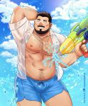  1boy abs arm_behind_head arm_hair bara bare_pectorals beard bulge chest_hair collared_shirt daisukebear facial_hair feet_out_of_frame holding holding_water_gun large_pectorals looking_to_the_side male_focus male_swimwear mature_male muscular muscular_male navel navel_hair nipples open_clothes open_shirt original paid_reward_available pectorals see-through shirt short_hair shorts shy side_slit side_slit_shorts solo standing stomach strongman_waist summer swim_trunks thick_mustache thick_thighs thighs water water_gun wet wet_clothes wet_shirt 