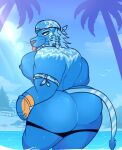  anthro areola armband beach big_butt big_pecs blue_areola blue_body blue_fur blue_headkerchief blue_kerchief butt clawzetto clothed clothing cloud digital_media_(artwork) felid fur hat headgear headkerchief headwear kerchief male mammal multicolored_body multicolored_fur palm_tree pantherine parasol partially_clothed pecs plant sea seaside sharp_teeth solo teeth thick_thighs thong tiger tongue tongue_out tree underwear underwear_down water whiskers 