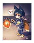  1girl ? animal_ears black_hair bob_cut closed_eyes disembodied_limb fox_ears fox_girl fox_tail halloween holding holding_lantern kukuri_(mawaru) lantern looking_at_viewer mawaru_(mawaru) multiple_tails night obi original outdoors purple_eyes sash shadow short_hair solo spoken_question_mark standing tail 