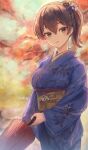  1girl artist_name blue_kimono blush brown_eyes brown_hair hair_between_eyes holding holding_umbrella japanese_clothes kaga_(kancolle) kantai_collection kimono long_hair long_sleeves looking_at_viewer obi sash side_ponytail signature solo umbrella wide_sleeves wss_(nicoseiga19993411) 