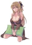  1girl assault_lily bare_shoulders black_ribbon breasts chemise cleavage closed_mouth collarbone commentary_request full_body hair_between_eyes hair_ribbon heterochromia highres holding holding_pillow kneeling kuo_shenlin large_breasts light_brown_hair light_smile long_hair looking_at_viewer off_shoulder official_alternate_costume one_side_up own_hands_together pillow red_eyes ribbon see-through see-through_sleeves short_sleeves sidelocks simple_background solo spaghetti_strap su_(sconbuoishi) v_arms white_background wide_sleeves yellow_eyes 