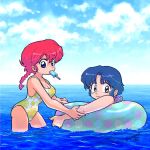  2girls blue_hair blue_sky braid braided_ponytail breasts cloud cloudy_sky food moitasu multiple_girls ocean popsicle ranma-chan ranma_1/2 red_hair sad short_hair sky swimsuit tears tendou_akane water 