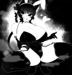  1girl animal_ears blunt_bangs braid breasts cat_ears cat_girl cat_tail cleavage commentary_request condom condom_wrapper curvy elbow_gloves extra_ears full_body gloves greyscale haseru_(ginku_mh) heart huge_breasts kaenbyou_rin leotard looking_at_viewer medium_hair monochrome nekomata playboy_bunny pointy_ears side_braid sidelocks solo squatting tail thighhighs touhou 