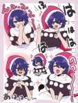 1girl :d black_capelet blue_hair blush border capelet commentary_request doremy_sweet dress flying_sweatdrops grey_border hat laughing multiple_views nightcap open_mouth pom_pom_(clothes) red_headwear shio_(futatsumami) short_hair smile tail tapir_tail touhou v-shaped_eyebrows white_dress 