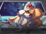  2023 accessory anthro arctic_fox asufalran_(darkwolfpack) bed belly big_belly big_breasts biglovealicia book breasts canid canine clothed clothing detailed_background digital_media_(artwork) digitigrade duo female fox furniture grabbing_hair hair_accessory hi_res huge_breasts male mammal morbidly_obese morbidly_obese_female muscular muscular_male nuline_(darkwolfpack) obese obese_female on_bed orange_body overweight overweight_female planet reading reading_book signature sitting sitting_on_bed space spacecraft star tail vehicle white_body window 