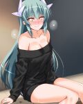  1girl aqua_hair black_sweater bottomless breasts dragon_girl dragon_horns engo_(aquawatery) fate/grand_order fate_(series) highres horns kiyohime_(fate) long_hair long_sleeves looking_at_viewer medium_breasts multiple_horns off-shoulder_sweater off_shoulder sitting smile sweater very_long_hair yellow_eyes 