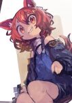  1girl absurdres animal_ears bare_shoulders curly_hair dutch_angle grin highres kaamin_(mariarose753) long_sleeves looking_at_viewer medium_hair orange_eyes orange_hair original short_eyebrows shorts sitting smile solo tail thick_eyebrows white_background 