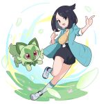  1girl :d black_hair black_shorts coat commentary_request cowlick falling_leaves flower grass green_coat green_eyes hair_ornament hairclip hands_up happy highres index_fingers_raised leaf leg_up liko_(pokemon) looking_at_viewer open_clothes open_coat open_mouth pink_flower pokemon pokemon_(anime) pokemon_(creature) pokemon_horizons poyo_party shirt shoes shorts sleeves_past_elbows smile socks sprigatito tongue white_footwear white_shirt white_socks yellow_bag 
