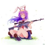  1girl ^_^ animal_ears axleaki blue_skirt blush brown_footwear chinese_commentary closed_eyes closed_mouth collared_shirt commentary_request floating_hair grass gun hair_between_eyes highres holding holding_gun holding_weapon long_hair necktie panties pantyshot partial_commentary purple_hair rabbit_ears red_necktie reisen_udongein_inaba shadow shirt short_sleeves sidelocks simple_background sitting skirt sks smile socks solo touhou underwear weapon white_background white_panties white_shirt white_socks 