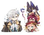  1girl 3boys animal_ears aqua_eyes arabian_clothes ascot bishounen black_hair blue_gemstone coin_hair_ornament cyno_(genshin_impact) dark-skinned_male dark_red_hair dark_skin detached_sleeves gem genshin_impact green_eyes grey_eyes grey_hair hair_ornament hair_over_one_eye hat jackal_ears long_hair long_sleeves looking_at_another looking_at_viewer looking_to_the_side low_ponytail mole mole_under_eye multicolored_hair multiple_boys neuvillette_(genshin_impact) okura_mazu pink_hair porkpie_hat red_eyes red_headwear shikanoin_heizou short_hair smile streaked_hair white_ascot white_hair white_sleeves yanfei_(genshin_impact) 