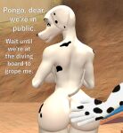  101_dalmatians 3d_(artwork) anthro anthrofied back_boob barely_visible_genitalia barely_visible_pussy big_butt breasts butt canid canine canis dalmatian dialogue digital_media_(artwork) disney domestic_dog english_text female genitals hand_on_butt husband_and_wife mammal married_couple mature_female nude papadragon69 perdita pongo pussy text 