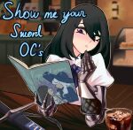 1girl black_hair blue_coat blue_headwear blurry blurry_background blush book bow bowtie brown_hair cafe centurii-chan_(artist) coat drink elbow_on_table english_text food gauntlets hair_between_eyes highres holding holding_book ice ice_cube interior long_hair monitor original purple_bow purple_bowtie purple_eyes rapier sheath sheathed shirt sword table weapon white_headwear white_shirt 