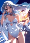  1girl ass_visible_through_thighs asymmetrical_bangs breasts casual_one-piece_swimsuit cloud commentary_request cowboy_shot cutout_above_navel flower frills gradient_sky grey_hair hair_flower hair_ornament hairband highleg highleg_swimsuit highres kagari_liroi kantai_collection long_hair official_alternate_costume one-piece_swimsuit purple_eyes sagiri_(kancolle) shawl side-tie_swimsuit sky solo sunset swept_bangs swimsuit thigh_gap white_one-piece_swimsuit white_shawl 