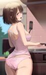  1girl ass blue_eyes breasts brown_hair cooking frying_pan gomeifuku highres holding holding_frying_pan holding_spatula indoors kitchen large_breasts looking_at_viewer looking_back medium_hair open_mouth original panties polka_dot polka_dot_panties smile spatula standing tank_top underwear 