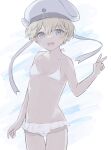  1girl bare_arms bare_legs bare_shoulders bikini blonde_hair blue_eyes blush clothes_writing cowboy_shot hair_between_eyes hat highres kantai_collection looking_at_viewer navel open_mouth sailor_hat short_hair smile solo suihei swimsuit thigh_gap v white_bikini white_headwear z1_leberecht_maass_(kancolle) 