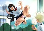  1boy 1girl against_glass asui_tsuyu bakugou_katsuki bare_arms bare_legs barefoot black_eyes black_hair blonde_hair boku_no_hero_academia bra breast_press breasts breasts_on_glass carton cleaning cleaning_windows climbing closed_mouth cloth collared_shirt crotch crushing day drink drinking_straw hair_between_eyes hair_rings hand_on_glass highres holding holding_carton holding_cloth indoors juice_box kyuugata large_breasts long_hair looking_at_another looking_up low-tied_long_hair medium_hair miniskirt necktie panties parted_bangs pink_panties school_uniform see-through see-through_shirt shirt short_sleeves skirt soles spiked_hair spilling spit_take spitting spread_legs surprised toes unaligned_breasts underwear very_long_hair window wing_collar 