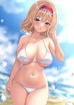  1girl alice_margatroid aqua_eyes bikini blonde_hair blue_sky blurry blurry_background blush breasts cleavage cloud commentary frilled_hairband frills hairband highres large_breasts looking_at_viewer navel open_mouth outdoors red_hairband reijing_etrn short_hair sky solo swimsuit touhou white_bikini 