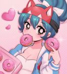  1990s_(style) 1girl animal_ears blue_hair blue_jacket blush breasts brown_eyes cat_ears chelly_(chellyko) cleavage collarbone doughnut fake_animal_ears floral_print food food_in_mouth hair_bun hair_ribbon headband heart highres holding holding_food jacket kiriko_(overwatch) letterman_jacket long_sleeves looking_at_viewer medium_breasts open_mouth overwatch overwatch_2 pink_background print_jacket retro_artstyle ribbon shirt smile solo sparkle standing upper_body white_shirt 