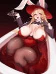  1girl absurdres animal_ears belly black_bow black_bowtie black_pantyhose blonde_hair blush bow bowtie breasts cup dungeon_and_fighter fortuneteller_rosaura highres holding holding_cup huge_breasts leotard long_hair looking_at_viewer pantyhose pointy_ears rabbit_ears red_eyes red_leotard thighs tongue very_long_hair yabby 