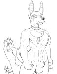  2023 abs ambiguous_gender animal_genitalia ankh annoyed anthro anubian_jackal anubis balls black_and_white canid canine canis choker claws deity duo egyptian_mythology eye_of_horus flaccid fox fur genitals hi_res jackal jewelry karishad male male_(lore) mammal middle_eastern_mythology monochrome muscular muscular_anthro muscular_arms muscular_male mythology necklace nipples nude pawpads pecs penis rick_griffin sheath 