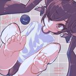  1girl artist_name backbeako backbeard bare_legs barefoot black_buruma black_hair black_ribbon blush buruma commentary dated dutch_angle eyes_visible_through_hair feet foot_focus gegege_no_kitarou grid_background gym_shirt hair_over_one_eye hair_ribbon kono_lolicon_domome legs legs_up long_hair looking_at_viewer one_eye_closed original parted_lips pointy_ears red_eyes ribbon ringed_eyes shirt simple_background sitting slit_pupils smile soles solo symbol-only_commentary toes torotei translated twintails twitter_username white_shirt 