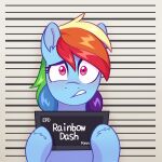  1girl barbie_(franchise) barbie_(live_action) barbie_mugshot_(meme) character_name colored_skin english_text highres looking_at_viewer meme mugshot multicolored_hair my_little_pony my_little_pony:_friendship_is_magic rainbow_dash rainbow_hair red_eyes skysorbett solo upper_body 