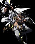  1boy abs absurdres bare_pectorals belt blonde_hair don_ten_usagi fingerless_gloves gloves guilty_gear guilty_gear_strive hat highres holding holding_sword holding_weapon jacket johnny_(guilty_gear) large_belt long_hair looking_at_viewer male_focus muscular muscular_male navel open_clothes open_jacket pants pectorals sheath skull solo sparkling_aura sunglasses sword unsheathing v-taper weapon 