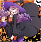  1girl bat_(animal) black_dress dress drill_hair halloween halloween_costume hat highres holding holding_wand hyakumantenbara_salome kobamiso_(kobalt) leaning_forward long_hair long_sleeves looking_at_viewer night nijisanji open_mouth pantyhose purple_eyes purple_hair purple_pantyhose smile teeth tongue upper_teeth_only virtual_youtuber wand witch witch_hat 