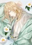  1boy arm_pillow arm_up blonde_hair blue_eyes camellia camus_(uta_no_prince-sama) earrings flower from_side green_jacket haori hexagon_print highres jacket japanese_clothes jewelry kimono looking_down lying male_focus medium_hair official_alternate_costume on_side parted_lips profile solo swept_bangs tassel tubame-hien upper_body uta_no_prince-sama uta_no_prince-sama:_shining_live white_flower white_kimono 