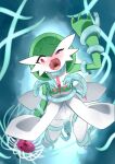  1girl absurdres arm_at_side arm_up blue_background blurry blurry_background blush bob_cut colored_skin commentary_request constricted_pupils flat_chest gardevoir green_hair green_skin hair_between_eyes half-closed_eye highres imminent_penetration looking_back m3_(gardevoir_m3) monster multicolored_skin nose_blush open_mouth pokemon pokemon_(creature) raised_eyebrows red_eyes restrained saliva short_hair skindentation slime_(substance) solo suspension tentacles tongue two-tone_skin uneven_eyes uvula wavy_mouth white_skin 