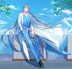  1boy absurdres against_railing ahoge bishounen black_footwear blue_pants blue_shirt closed_eyes cup day disposable_cup facing_viewer fishfall full_body hand_in_pocket highres holding holding_cup hypnosis_mic jinguji_jakurai long_hair male_focus outdoors pants railing shirt solo tree very_long_hair 