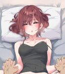  1boy 1girl :o bed_sheet black_camisole blush breasts brown_hair camisole collarbone dark-skinned_male dark_skin half-closed_eyes heavy_breathing hetero higuchi_madoka holding_hands idolmaster idolmaster_shiny_colors implied_sex interlocked_fingers looking_at_viewer lying medium_breasts nyarotto on_back out-of-frame_censoring pillow pov pov_hands red_eyes signature strap_slip sweatdrop veins veiny_hands 