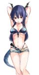  1girl arknights arms_behind_head bikini blue_bikini blush breasts ch&#039;en_(arknights) ch&#039;en_the_holungday_(arknights) ch&#039;en_the_holungday_(elite_ii)_(arknights) collarbone commentary_request dragon_girl dragon_horns dragon_tail feet_out_of_frame hair_between_eyes hair_tie_in_mouth highres horns large_breasts lily0428 long_hair micro_shorts mouth_hold navel official_alternate_costume partial_commentary red_eyes shorts simple_background solo stomach swimsuit tail tying_hair white_background 
